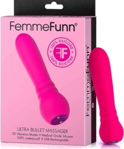 Pink and silicone covered FemmeFunn Ultra Bullet vibratorÂ with its box