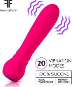 Pink FemmeFunn Ultra Bullet vibrator feature guide showing it has 20 modes, is 100% silicone, and 100% waterproof