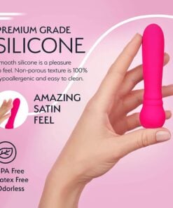 PinkÂ FemmeFunn Ultra Bullet vibrator feature guide showing it is waterproof, whisper quiet, and with magnetic charging