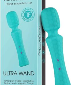 Turquoise FemmeFunn Ultra Wand vibrator with its box