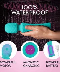 Turquoise FemmeFunn Ultra Wand vibratorÂ feature guide showing it is waterproof, with a powerful motor, and with magnetic charging