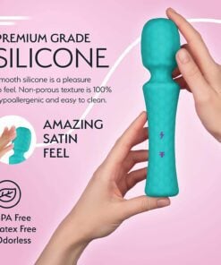 FemmeFunn Ultra Wand vibratorÂ feature guide showing it is waterproof and with premium grade silicone