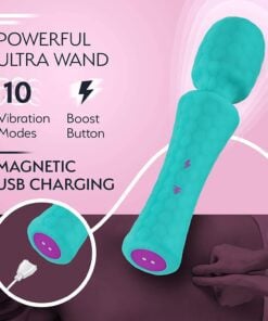 Turquoise FemmeFunn Ultra Wand vibratorÂ feature guide showing 10 vibration modes and boost button