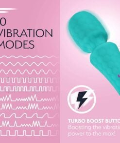 Turquoise colored FemmeFunn Ultra Wand vibratorÂ feature gude showing 10 different vibration modes