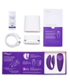 Purple We-Vibe Chorus couples vibrator with all of the box contents including charging cable, instruction manual and lube