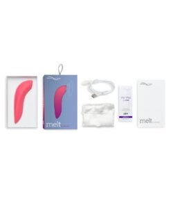 Pink We-Vibe Melt bluetooth and app controlled air pulse and suction vibrator in opened box showing contents including instruction manual, charging cable and storage bag