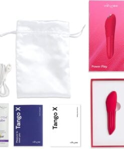 Cherry red colored We-Vibe Tango X bullet vibrator and all the contents of the box including charging cable, instruction manual, lube and storage bag