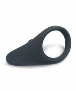 Slate colored We-Vibe Verge cock ring vibrator laying on its side on a white background