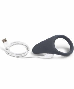 Slate colored We-Vibe Verge cock ring vibrator with USB charging cable on a white background