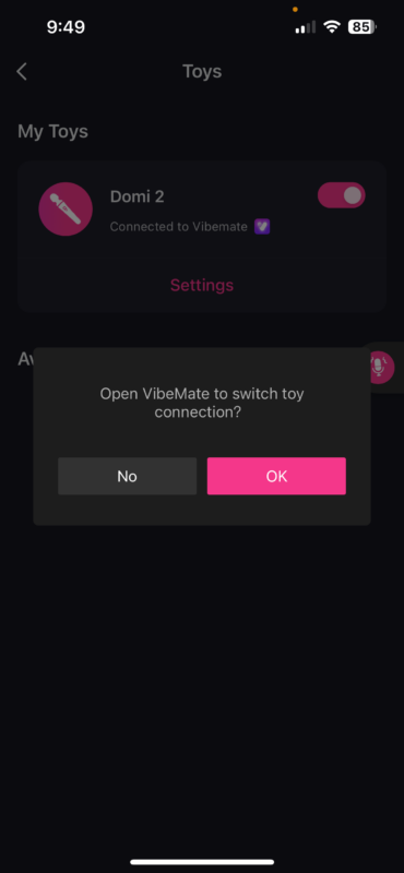 You need to manually change the toy connection settings when switching between the Lovense and VibeMate apps.