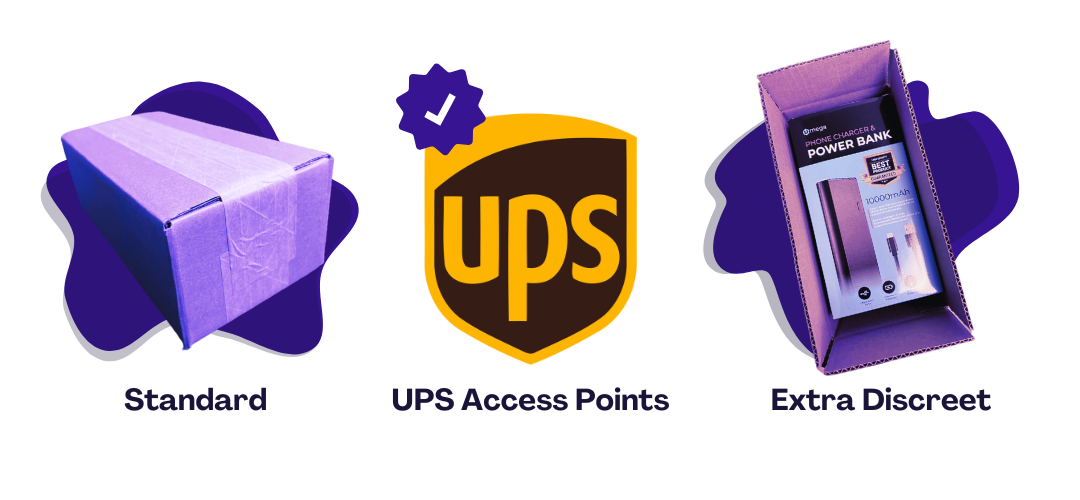 Discreet Shipping Options: Standard Discreet (plain box or envelope), UPS Access Point, or Extra Discreet (fake charger box)