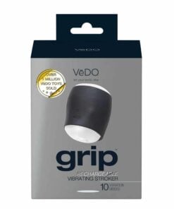 Front of the box of theÂ  Vedo Grip Black Masturbator