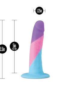 Avant D15 Visions Of Love platinum silicone body safe dildo showing dimensions of 5" length and 1.25" width