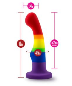 LGBT pride flag colored Avant P1 Pride Freedom platinum silicone dildo dimensions show 5.25 width length and 1.4" width