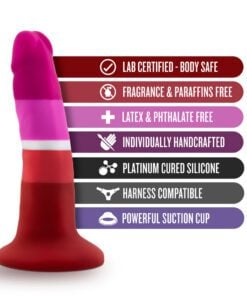 Lesbian flag coloredÂ Avant P3 Pride Beauty platinum silicone dildo with features like harness compatible and strong suction cup