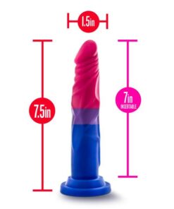 Bisexual pride flag coloredÂ Avant P8 Love platinum silicone dildo with dimensions showing 7" length and 1.5" width