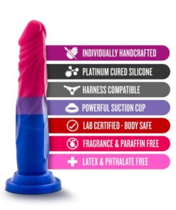 Bisexual pride flag coloredÂ Avant P8 Love platinum silicone dildo with features like harness compatible and strong suction cup