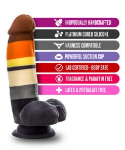 Bear Pride pride flag colored Avant P9 Pride Bear platinum silicone dildo features including harness compatible and strong suction cup