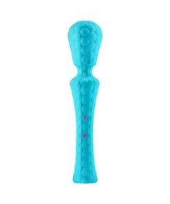 A turquise colored and textured wand vibrator from FemmeFunn pointing straight up