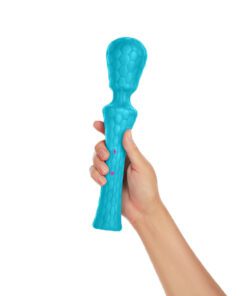 Hand holding a waterproof turquoise wand vibratorÂ 