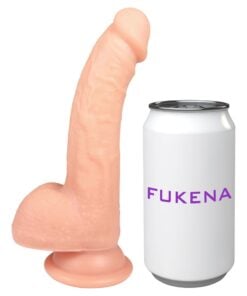 Fukena Archer Light Dildo next to a can showing size