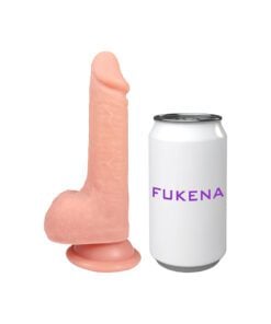 Left side view of the Fukena Thriller silicone dildo next to a can