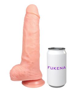 Back view of the Fukena Hercules silicone dildo next to a can