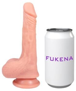 Side view of the Fukena Hookup silicone dildo next to a soda can to show its size