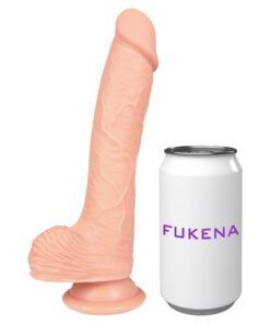 Fukena Seaman silicone dildo next to a can to show its size