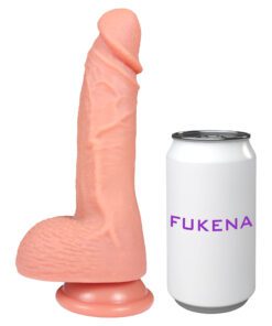 Fukena Thriller silicone dildo next to a can to show it's size