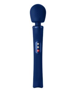 Blue Fun Factory VIM wand vibrator standing up on a white background 