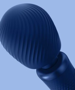 Close up view of the head of a blue Fun Factory VIM wand vibrator