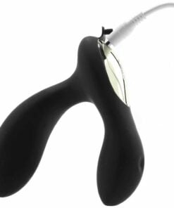 Black Lelo Hugo prostate vibrator with charging cable plugged in