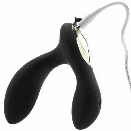 Black Lelo Hugo prostate vibrator with charging cable plugged in