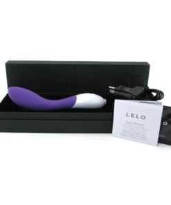 Purple Lelo Mona 2 silicone g-spot vibrator in box with contents