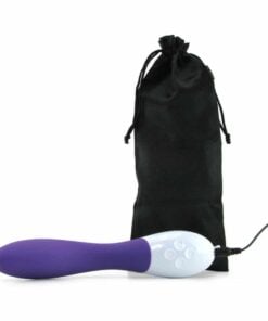 Purple Lelo Mona 2 silicone g-spot vibrator laying down next to storage bag