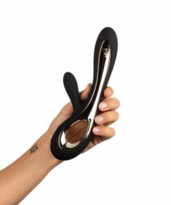 Hand holding a black Lelo Soraya g-spot vibrator