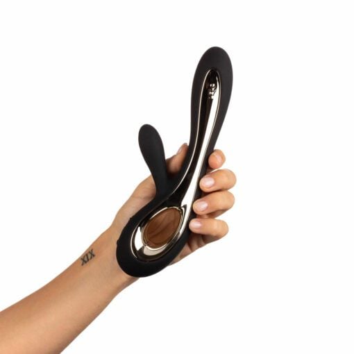 Hand holding a black Lelo Soraya g-spot vibrator