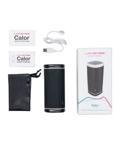 Lovense Calor Black Masturbator with warming and vibrating box contents