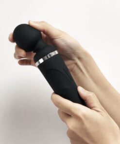 Hand showing the flexibility of the head of a black Lovense Domi 2 bluetooth app controlled wand vibrator