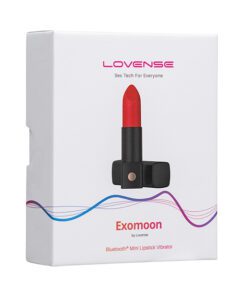 Box for a Lipstick shaped bullet vibrator from Lovense next to its case on a white background