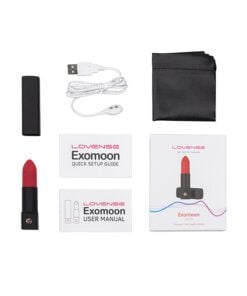 Contents from inside the box of the Lipstick shaped bullet vibrator from Lovense next to its case on a white background