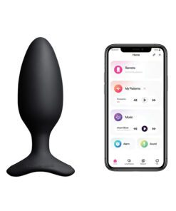 Lovense Hush 1.75" vibrating butt plug next to a phone app