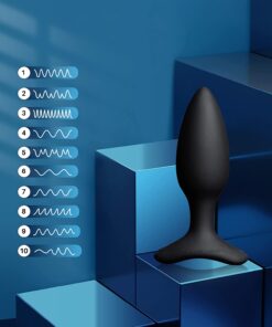 Lovense Hush 1.5" vibrating butt plug in black standing on a blue box