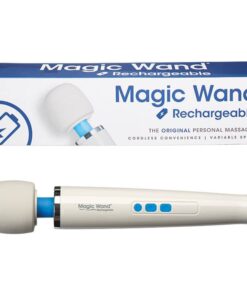 Authentic Magic Wand Rechargeable cordless battery powered wand vibrator next to its box