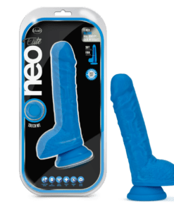 Neon Blue 8" Neo Elite dildo in container