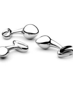 Three small, medium, and large stainless steel nJoy butt plugs on a white background arraigned in a circle