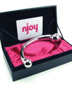 Stainless steel nJoy Pure Wand g-spot and prostate toy laying on top of the included box