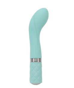 Teal Pillow Talk Sassy g-spot vibrator facing the side on a white background