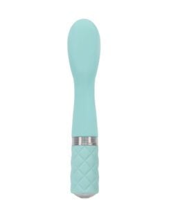 Teal Pillow Talk Sassy g-spot vibrator facing forward on a white background